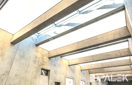 Modernes Interieur in Straßburg mit Sichtbetonwänden, großen Oberlichtern und offenen Balken. Helle Türen und Holzgeländer prägen den Raum.