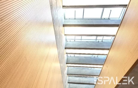 Moderne Innentreppe in Straßburg mit Holzpanelen an den Wänden, Betondecke mit großen Oberlichtern und Hager-Metallhandlauf links.