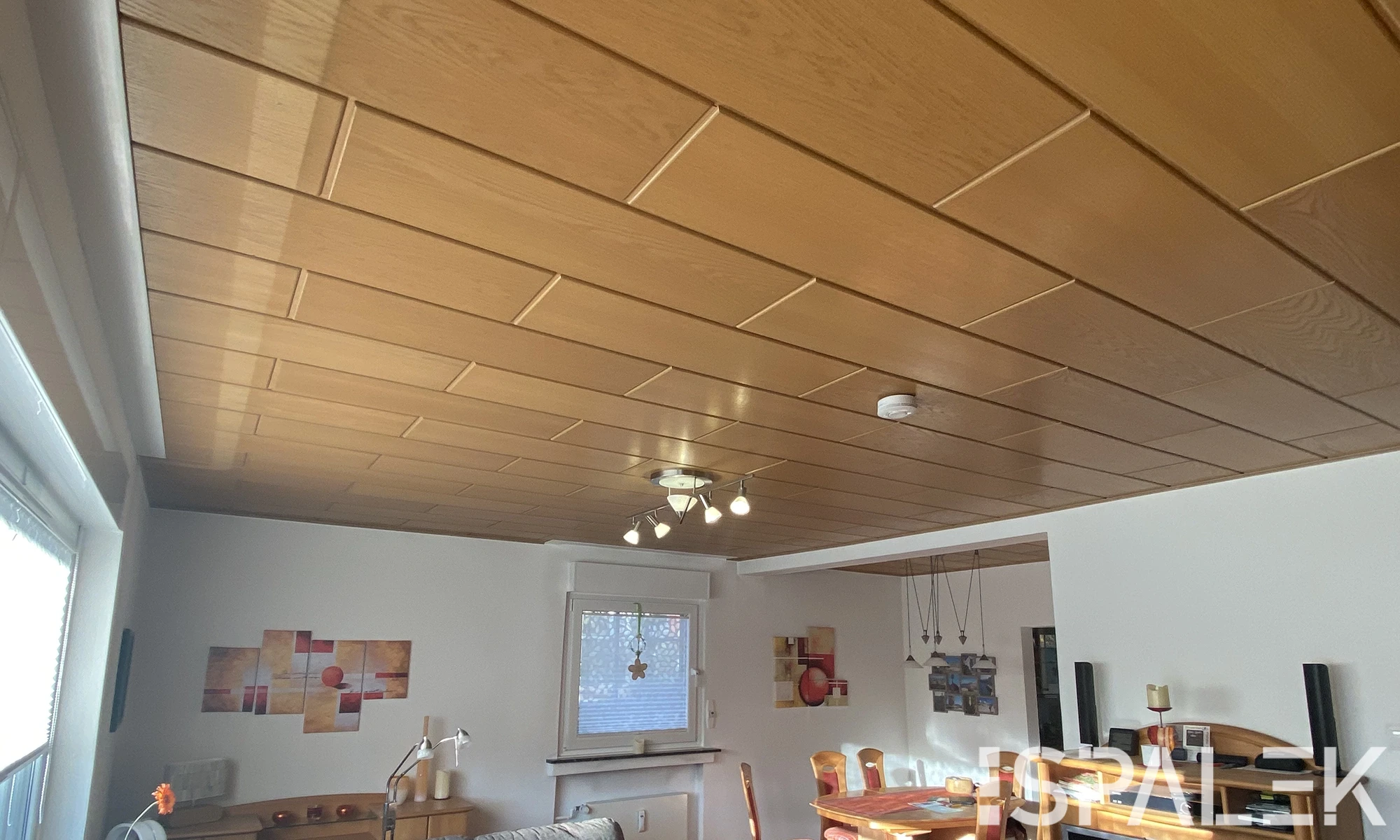 Heller Wohn- und Essbereich mit Holzdecke und Spanndecken-Akzenten, moderner Leuchte, Wandbild, Esstisch, Stühlen und Regal.