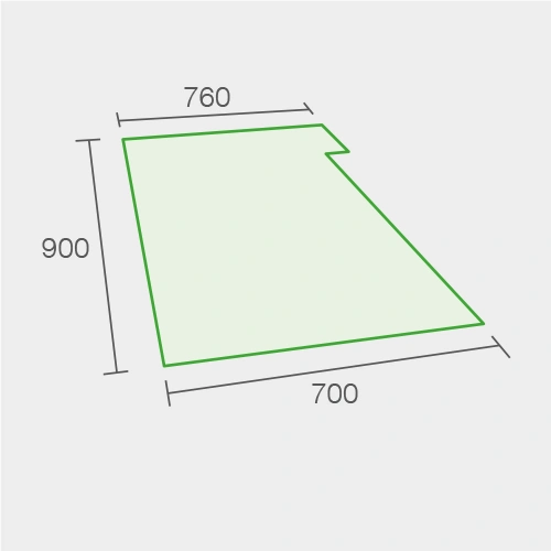 Diagramm für Gewerbekunden eines unregelmäßigen Vierecks mit Kanten: links 900, oben 760, unten 700; grün umrandet auf Weiß.