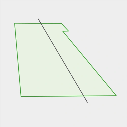 Ein grünes, unregelmäßiges Viereck mit Kerbe am oberen Rand und diagonaler schwarzer Linie auf hellgrauem Hintergrund.