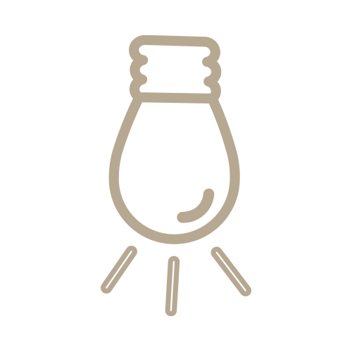 Beige, einfache Strichzeichnung einer Glühbirne mit drei Linien darunter, die Lichtstrahlen symbolisieren.