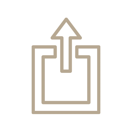 Beiges Symbol: Ein Kasten mit nach oben zeigendem Pfeil, steht für Teile- oder Exportfunktion im Gewerbekundenbereich.