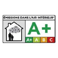 Französisches Luftgütesiegel mit Haus, Personen, Partikeln und Akustikdecke; grünes A+ für sehr geringe Raumemissionen.