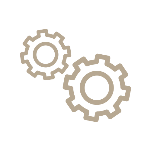 Pixeliges Symbol von zwei grauen Zahnrädern auf weißem Hintergrund, eines leicht über dem anderen, als Zeichen für Einstellungen.