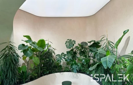 Picard Ruheraum Moderner Indoor-Garten mit tropischen Pflanzen an gebogenen, hellbeigen Wänden unter großem Oberlicht. Spalek-Logo unten rechts.