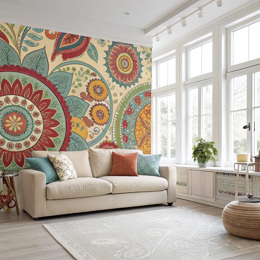 Wandbespannung Helles Wohnzimmer mit großen Fenstern, beigem Sofa und buntem Kissen, hellem Teppich und floraler Wandbespannung. Pflanze am Fenster.