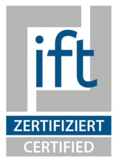 Logo mit großen blauen Buchstaben "ift" im grauen Quadrat. Darunter Balken mit den Aufschriften "ZERTIFIZIERT" und "CERTIFIED".