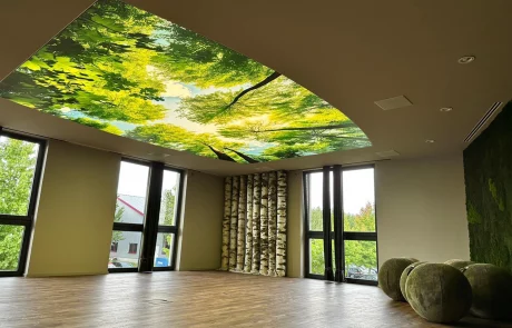 Moderner Besprechungsraum mit großen Fenstern, Holzfußboden, grünen Mooskugeln und Deckenmotiv eines grünen Blätterdachs.
