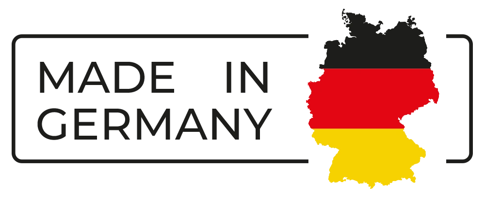 Text "MADE IN GERMANY" neben einer Deutschland-Silhouette in Schwarz-Rot-Gold.
