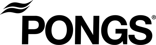 Schwarzer, pixeliger Schriftzug "Ponys" auf weißem Hintergrund in kräftiger, blockartiger Typografie wie bei Gewebedecken.
