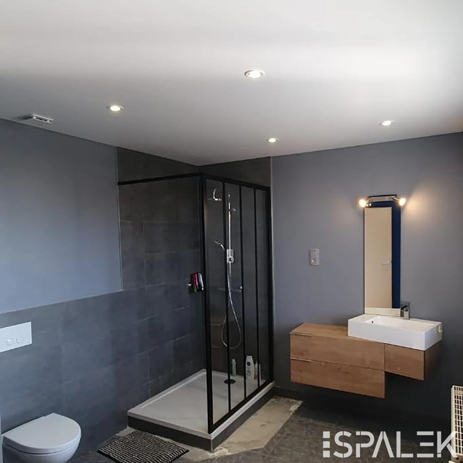 Modernes Badezimmer mit grauen Wänden, Glasdusche, wandhängendem Holzwaschtisch, weißem Becken, Spiegel und WC. Spots an der Decke.