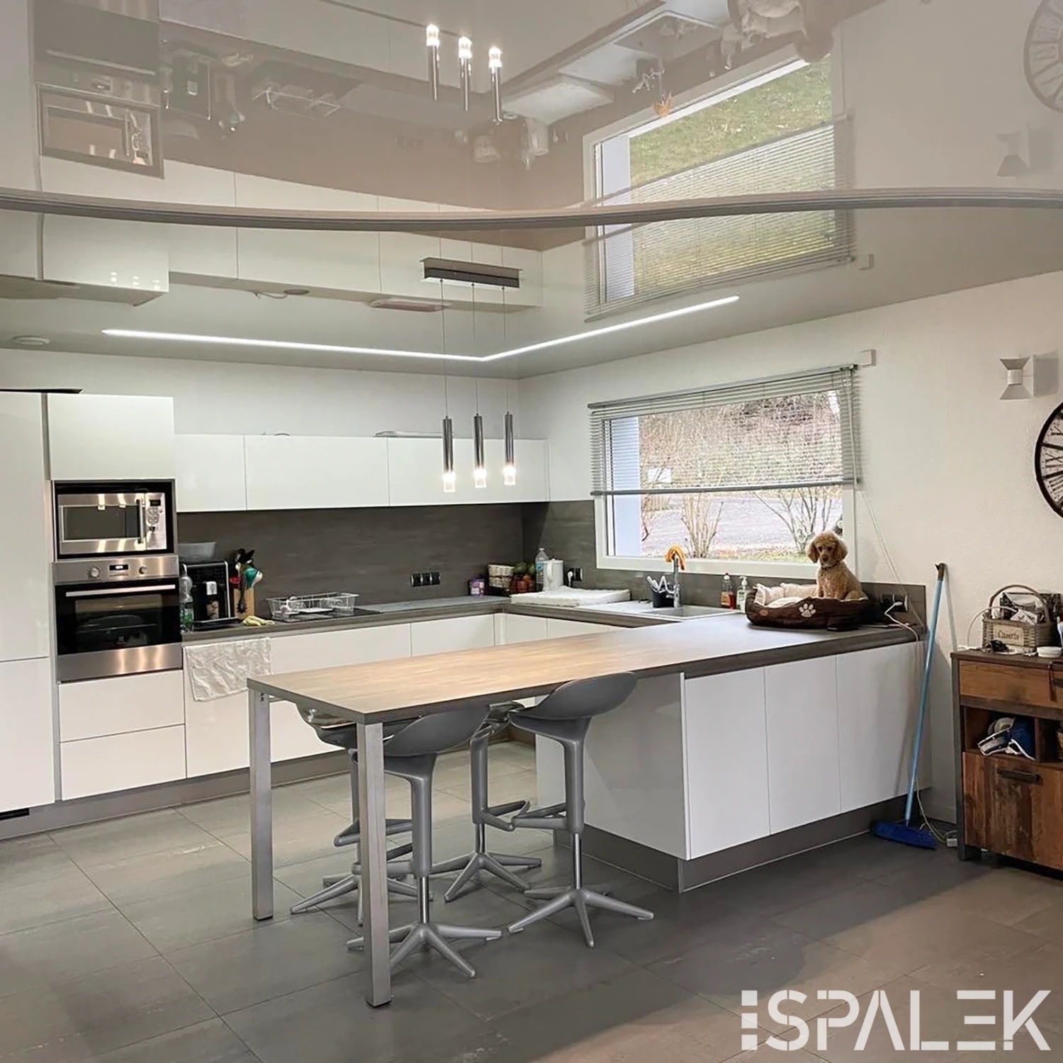 Moderne weiße Küche mit seidenmatten Fronten, Einbaubackofen, kleinem Holztisch, zwei grauen Hockern und Tageslichteinfall. Ein Plüschhase mit Punkten liegt auf der Arbeitsplatte neben Küchenutensilien.