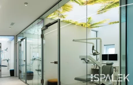 PONGS-WCP-0098 Moderne Zahnarztpraxis mit Glaswänden, Behandlungsstuhl und Kieferorthopädie-Geräten. Decke zeigt Palmenblätter vor blauem Himmel.