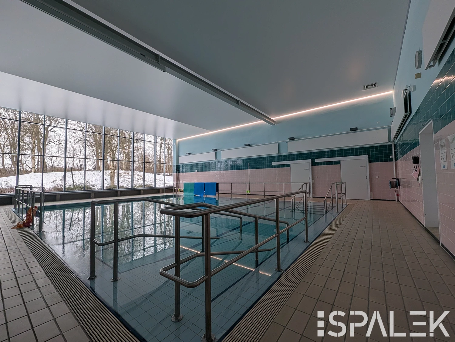 Das Therapiebecken im DRK Schwimmbad Raisdorf mit Edelstahlgeländern, Fliesenboden und großen Fenstern zu verschneiten Bäumen.